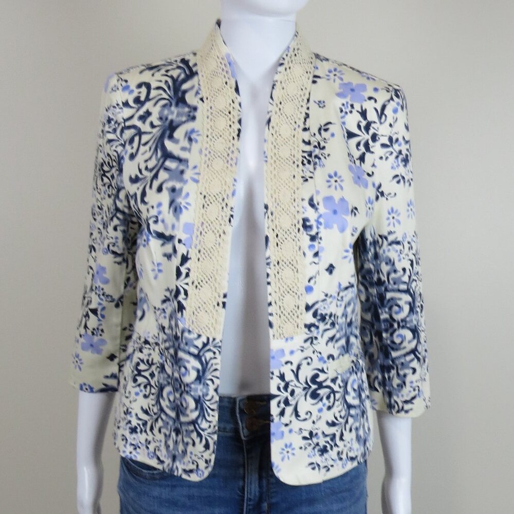 NOTATIONS Blazer Jacket SIZE petite small - Cotton - Lined - Crochet Detail Blue